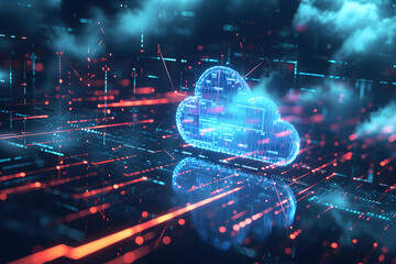 Digital data processing in the virtual cloud abstract background. Glowing digital cloud with pixels, lines, connectivity, and data flow in the virtual world. Cloud computing Background.