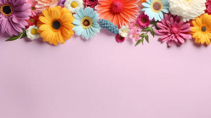 Flat lay composition made of meadow spring multicolour gerbera flowers on soft Pink background, Backdrop with copy space.