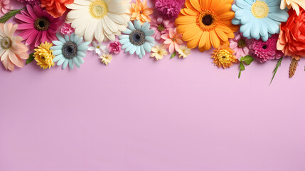 Flat lay composition made of meadow spring multicolour gerbera flowers on soft Pink background, Backdrop with copy space.