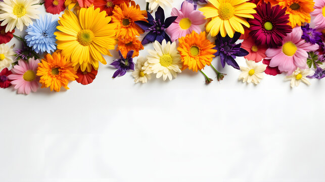 Flat lay composition made of meadow spring multicolour gerbera flowers on white background, Backdrop with copy space.