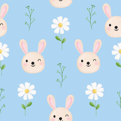 Seamless pattern with cute rabbit, daisy flower for your fabric, children textile, nursery decoration, gift wrap paper, kids bedding.	
