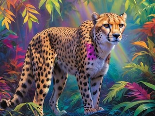 A majestic cheetah, adorned with the vibrant hues of the electromagnetic spectrum, gracefully prowls through a lush jungle