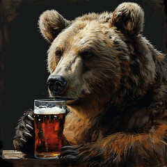 Tranquil Bear Enjoying a Pint - A Surreal Concept Perfect for Pub Decor, Beer Advertisements, and Wildlife Art Enthusiasts - obrazy, fototapety, plakaty