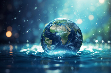 Fototapeta na wymiar earth in water with bright blue bokeh background, World Water Day banner concept