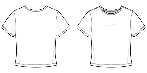 Basic T-shirt flat technical fashion illustration. Tee shirt vector template illustration. front and back view. slim fit. drop shoulder. unisex. white color. CAD mockup.
