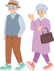 笑顔で会話しながら散歩するシニア夫婦のイラスト素材