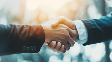 Capture the moment of success with a business partnership meeting and a powerful handshake. Successful businessmen sealing the deal against a horizontal, blurred background. Generative Ai - obrazy, fototapety, plakaty