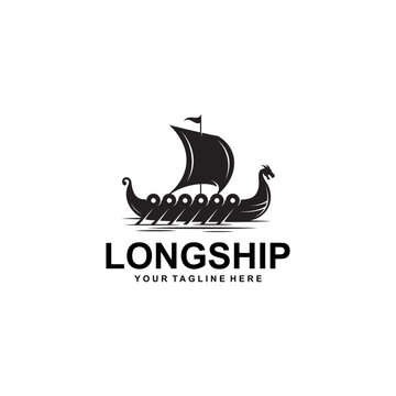 Black Viking Longship with Dragon head above sea water