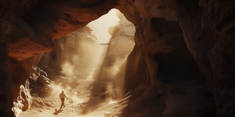 geologist in a cave walking across the sand