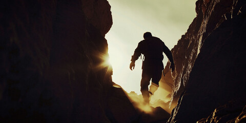 Naklejka premium mountain climber ascending from cave through jagged rocks 