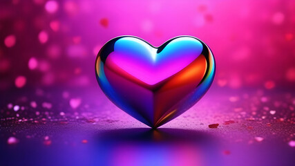 Halographic glossy heart on a neon pink-violet background. Background for Valentine's day.