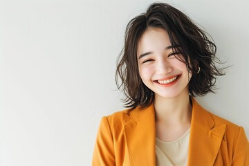 笑顔の日本人の女性ビジネスマンのポートレート写真（白背景・サラリーマン・スーツ・若手・新人・新入社員）