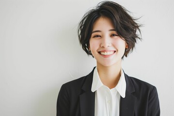 笑顔の日本人の女性ビジネスマンのポートレート写真（白背景・サラリーマン・スーツ・若手・新人・新入社員） - obrazy, fototapety, plakaty