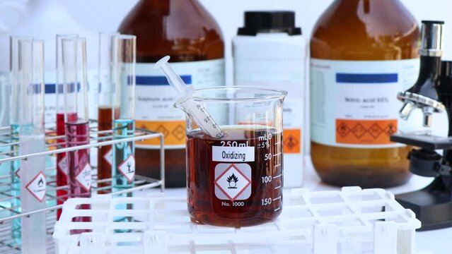 Oxidizing Symbols of chemicals in glass, chemicals in the laboratory or industry