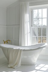 White bathtub, cinematic light from behind, bright environment and everything in white, golden details