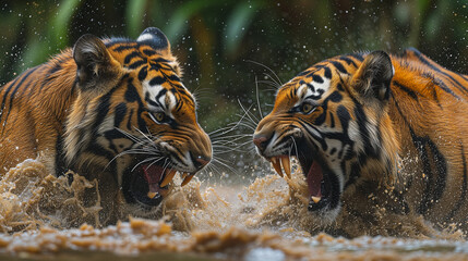 two tigers facing off in a fight