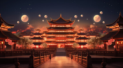 Chinese new year, Traditional Chinese lanterns display in Temple illuminated for Chinese new year festival, at night. Year of dragon, 2024.	
 - obrazy, fototapety, plakaty