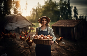 Naklejka na ściany i meble woman farmer with a basket of chicken eggs on a farm near a chicken coop with chickens in the village.