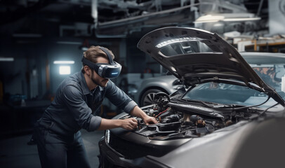 male auto mechanic repairs a car in a car service garage wearing VR glasses, augmented reality in the industry.