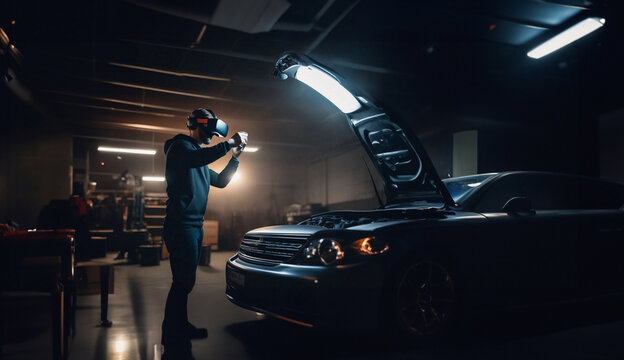 male auto mechanic repairs a car in a car service garage wearing VR glasses, augmented reality in the industry.
