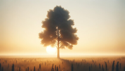 Lone tree at sunrise. AI generated.