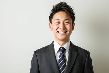正面の笑顔の日本人の男性ビジネスマンのポートレート写真（白背景・サラリーマン・スーツ・若手・新人・新入社員） - obrazy, fototapety, plakaty