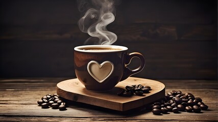 cup of coffee with beans,Classic Coffee Cup on Rustic Wood with Steam in the Shape of a Heart