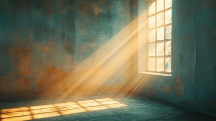 Empty abandoned room with light shining from the window. Empty living room with sunlight shine, wooden floor, dark wall. Renovate, Old house. Old room without renovation - obrazy, fototapety, plakaty