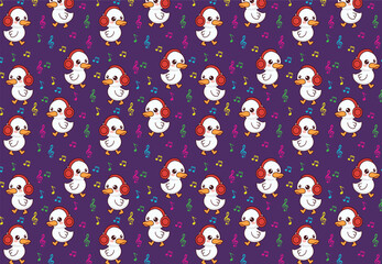 duck listening to music, illustration pattern, vector, for fabrics, backgrounds
