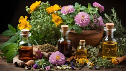 Obraz na płótnie Canvas oils with lavender flowers, medicinal flowers, herbs, and essential oils