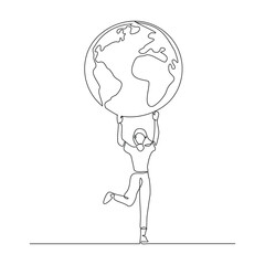  Continuous single line sketch drawing of happy woman holding earth globe save world environment. One line art of protect earth care world day vector illustration