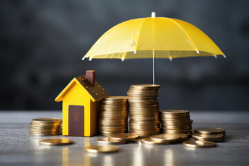 Conveying financial stability and investment protection, a yellow umbrella covering coins and a house model, embodying secure asset management.