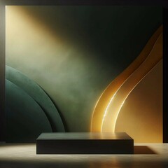 Dark green yellow gold orange brown glow minimal abstract background for product presentation, shadow and light from windows on plaster wall, product podium