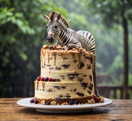 Zebra birthday cake with cream and fresh berries on wooden table.