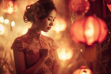 Obraz na płótnie Canvas Asian woman elegantly adorned in a Cheongsam, celebrating Chinese New Year's Day.