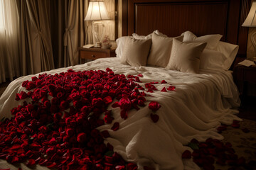  Deep red roses overflow from a plush bed, their velvety petals cascading onto crisp white sheets like a crimson waterfall. romantic night or valentines day concept. 