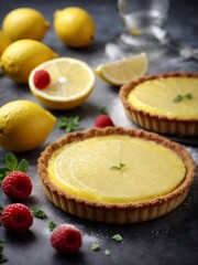 Classic French Lemon Tart, tart au citron, crisp buttery crust with luscious lemon custard. Cinematic food 