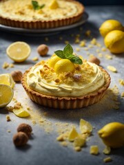 Classic French Lemon Tart, tart au citron, crisp buttery crust with luscious lemon custard. Cinematic food  - obrazy, fototapety, plakaty