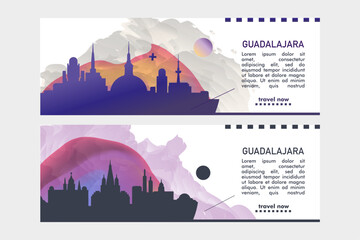 Guadalajara city banner pack with skyline, cityscape, landmark. Mexico, Jalisco travel vector horizontal illustration layout for brochure, website, page, presentation, header, footer