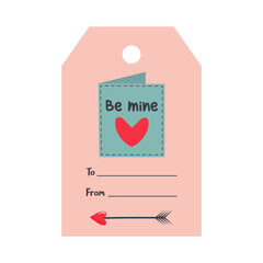 Valentines Day tag with postcard and arrow. Be mine lettering. Holiday gift label template.