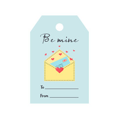 Valentines Day tag with letter. Be mine lettering. Holiday gift label template.
