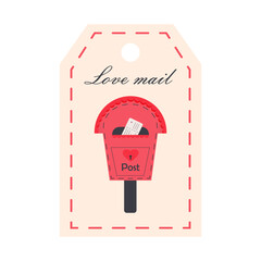 Valentines Day tag with mailbox. Love mail lettering. Holiday gift label template.