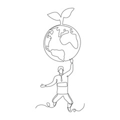 Continuous single line sketch drawing of happy man holding earth globe and plant tree save world environment. One line art of protect nature ecology earth care world day vector illustration