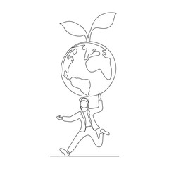 Continuous single line sketch drawing of happy man holding earth globe and plant tree save world environment. One line art of protect nature ecology earth care world day vector illustration