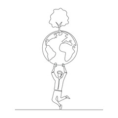 Continuous single line sketch drawing of happy man holding earth globe and plant tree save world environment. One line art of protect nature ecology earth care world day vector illustration