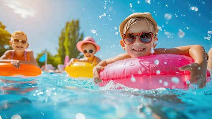 family playing together in a pool on a summer holiday, with colorful floaties and a bright blue sky 