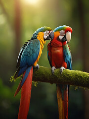 A beautiful loving couple macaw perching on top mossy stick