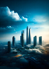 Skyscraper city with clouds illustration.