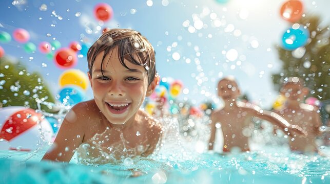  children joyfully splashing in a pool, with a backdrop of summer