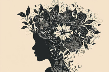 vector silhouette of a woman's profile with a hairstyle inspired by intricate floral patterns